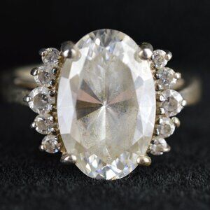 VTG Diamonique 925 Sterling Silver Oval Sunburst Halo Ring DQ CZ Korea Size 7.75